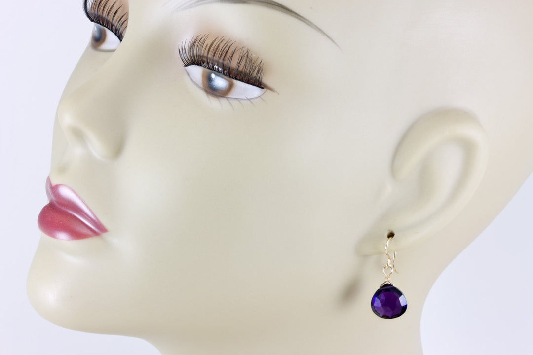 Purple Amethyst Earrings Faceted Heart Teardrop 14k Solid Gold, 14k Filled or Sterling Silver Deep Rich Purple Everyday Daily Simple Drops