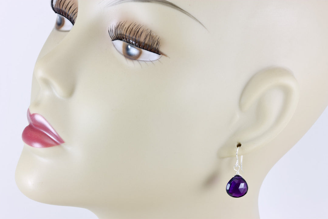 Purple Amethyst Earrings Faceted Heart Teardrop 14k Solid Gold, 14k Filled or Sterling Silver Deep Rich Purple Everyday Daily Simple Drops