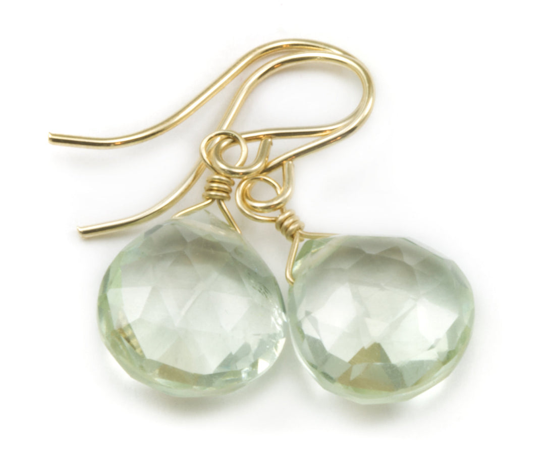 Green Prasiolite Earrings Amethyst Faceted Heart Teardrop Sterling Silver or 14k Yellow Gold or  14k Gold Filled Natural Soft Pale Simple