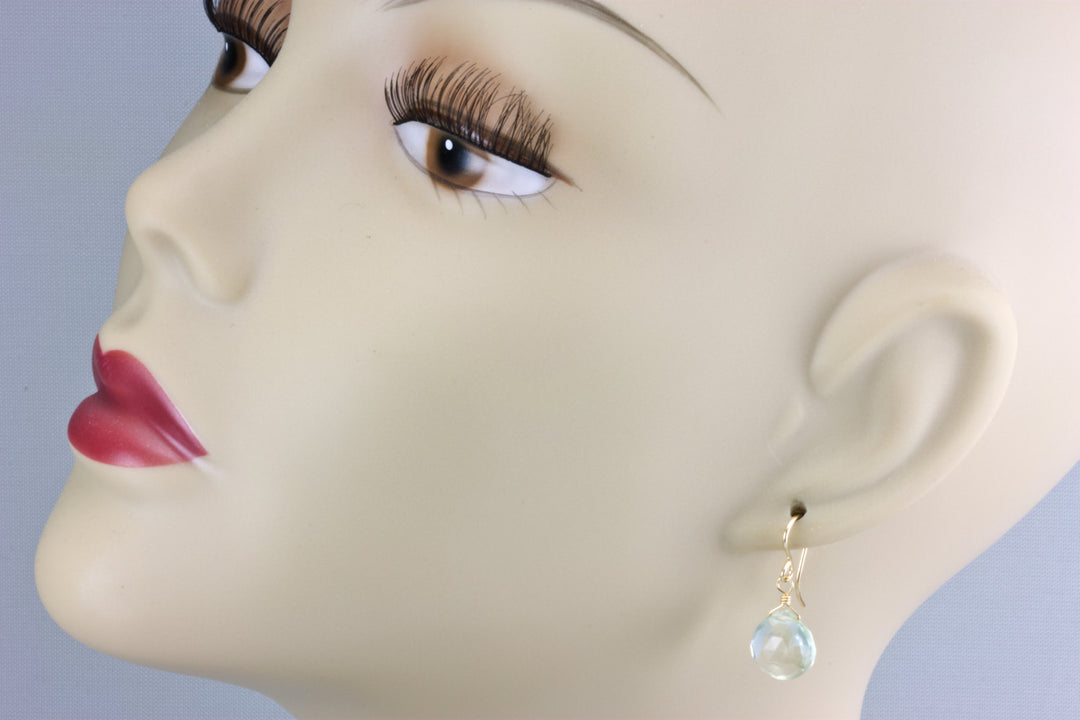 Green Prasiolite Earrings Amethyst Faceted Heart Teardrop Sterling Silver or 14k Yellow Gold or  14k Gold Filled Natural Soft Pale Simple