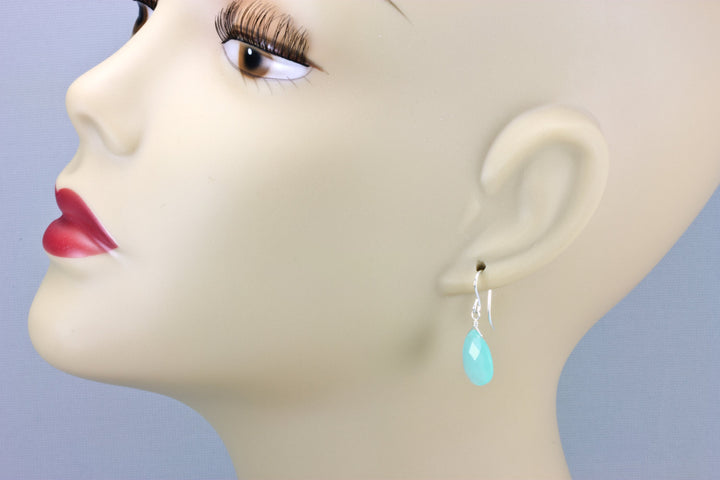 Aqua Blue Chalcedony Earrings 14k Solid Gold or Filled or Sterling Silver Teardrop Pear Faceted Soft Pale Blue Natural Dainty Everyday Drops