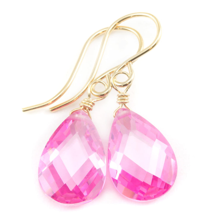 Sapphire Pink Earrings Cubic Zirconia Pear Teardrop AAA CZ 14k Solid Gold or Filled or Sterling Silver Faceted Simple Dainty Dangle Drops