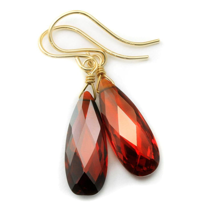 Garnet Red Cubic Zirconia Earrings Teardrop AAA CZ Long Dangle Sterling Silver or 14k Solid Gold or Filled Faceted Simple Lightweight Drop