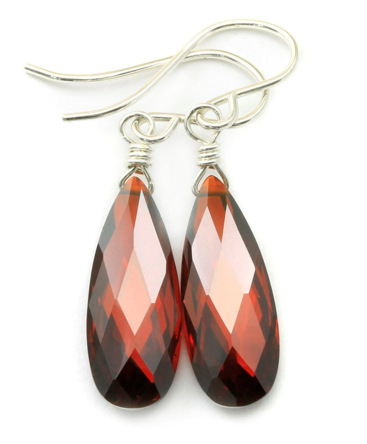 Garnet Red Cubic Zirconia Earrings Teardrop AAA CZ Long Dangle Sterling Silver or 14k Solid Gold or Filled Faceted Simple Lightweight Drop