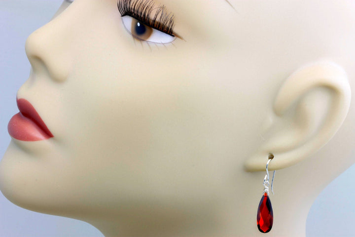 Garnet Red Cubic Zirconia Earrings Teardrop AAA CZ Long Dangle Sterling Silver or 14k Solid Gold or Filled Faceted Simple Lightweight Drop