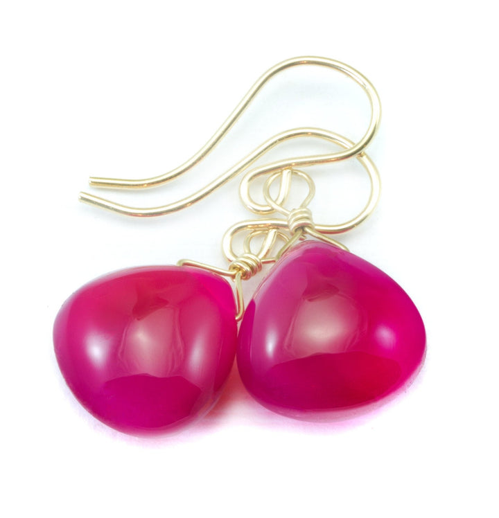 Hot Pink Chalcedony Earrings Heart Smooth Sterling Silver or 14k Solid Gold or Filled Simple Fuchsia Magenta Dainty Teardrops Spyglass Drops