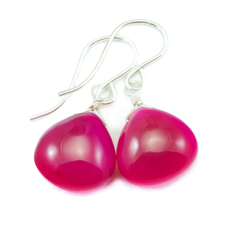 Hot Pink Chalcedony Earrings Heart Smooth Sterling Silver or 14k Solid Gold or Filled Simple Fuchsia Magenta Dainty Teardrops Spyglass Drops