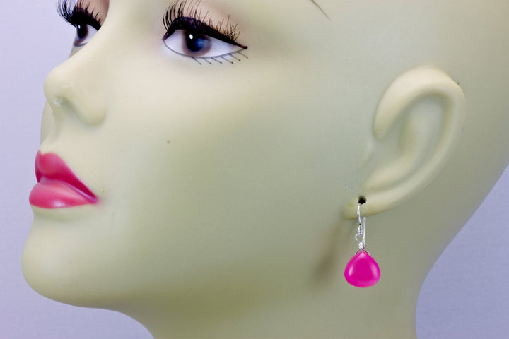 Hot Pink Chalcedony Earrings Heart Smooth Sterling Silver or 14k Solid Gold or Filled Simple Fuchsia Magenta Dainty Teardrops Spyglass Drops