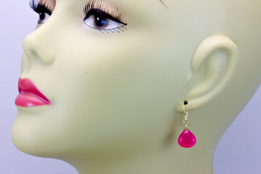 Hot Pink Chalcedony Earrings Heart Smooth Sterling Silver or 14k Solid Gold or Filled Simple Fuchsia Magenta Dainty Teardrops Spyglass Drops