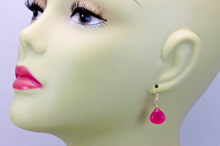 Hot Pink Chalcedony Earrings Heart Smooth Sterling Silver or 14k Solid Gold or Filled Simple Fuchsia Magenta Dainty Teardrops Spyglass Drops