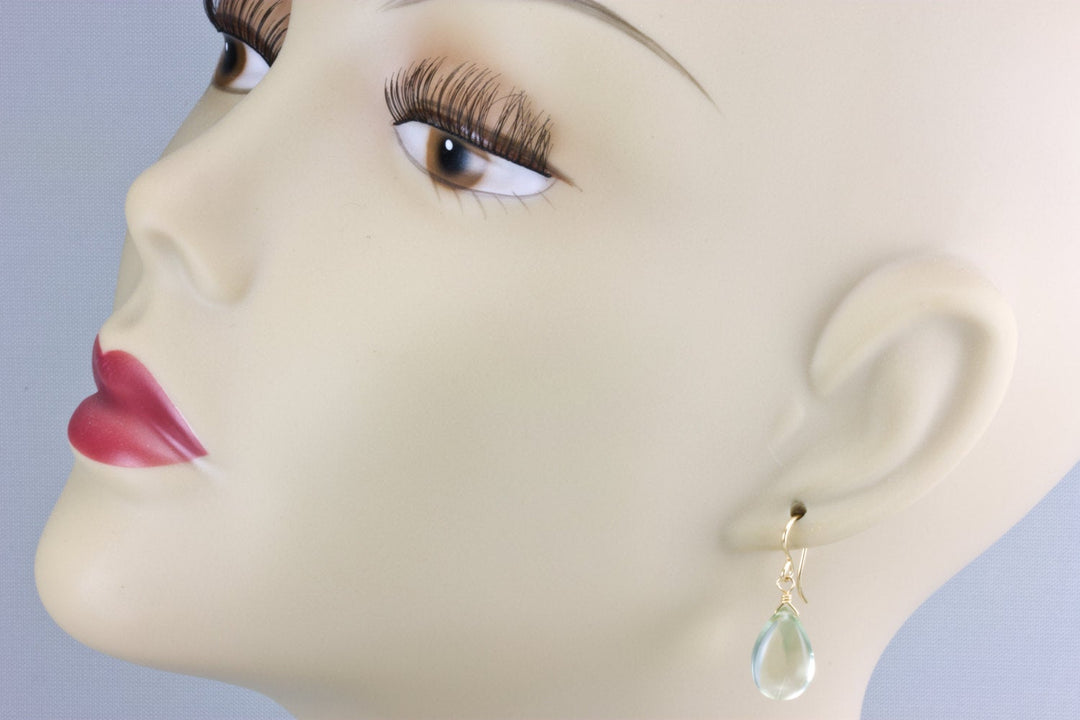 Green Prasiolite Amethyst Earrings Smooth Teardrop Drops Sterling Silver or 14k Solid Gold or Filled Pear Classic Simple  Soft Pale Green