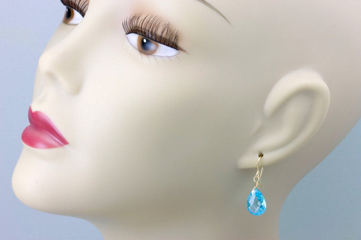 Aquamarine Cubic Zirconia Earrings Faceted Aqua Blue AAA CZ  14k Solid Gold or Filled or Sterling Silver Pear Teardrops Simple Aqua Drops