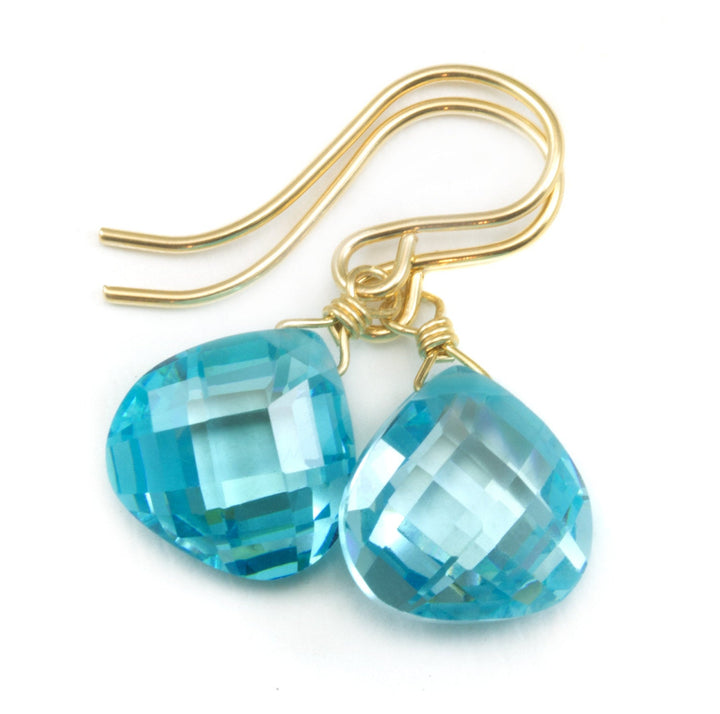 Aquamarine Cubic Zirconia Earrings Heart Aqua Blue AAA CZ  14k Solid Gold or Filled or Sterling Silver Dainty Faceted Rich Soft Blue Drops
