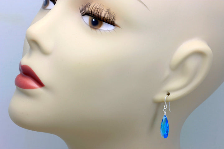 Topaz Swiss Blue Cubic Zirconia Earrings Long Teardrop AAA CZ  Sterling Silver or 14k Solid Gold or Filled Faceted Long Simple Drop Spyglass