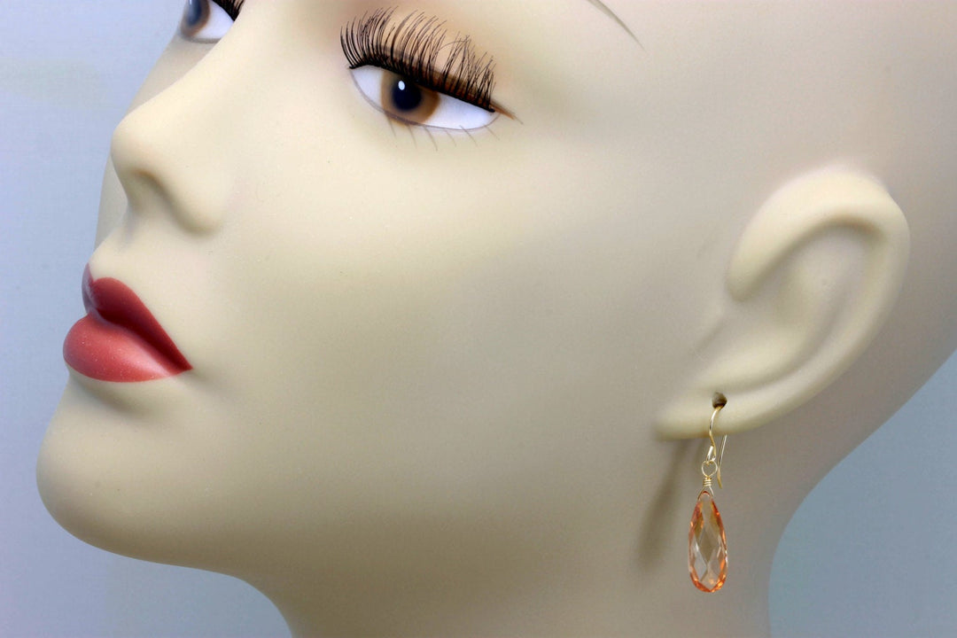 Peach Champagne Cognac Cubic Zirconia Earrings Faceted Long Teardrop CZ 14k Solid Gold or Filled or Sterling Silver Sim Diamond Dainty Drops