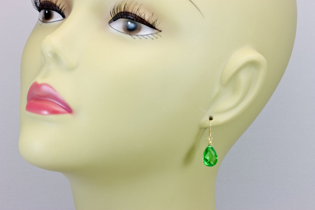 Peridot Green Cubic Zirconia Earrings Faceted Teardrop AAA CZ  Sterling Silver or 14k Solid Gold or Filled Pear Shape Bright Green Simple