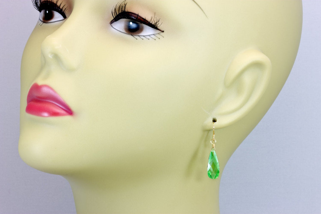 Peridot Green Cubic Zirconia Earrings Long Teardrop AAA CZ  Sterling Silver or 14k Solid Gold or Filled Faceted Cut Drops Simple Lightweight