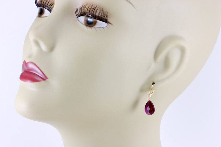 Red Ruby Cubic Zirconia Earrings Faceted Teardrop AAA CZ  Sterling Silver or 14k Solid Gold or Filled Deep Crimson Pear Simple Dainty Drop