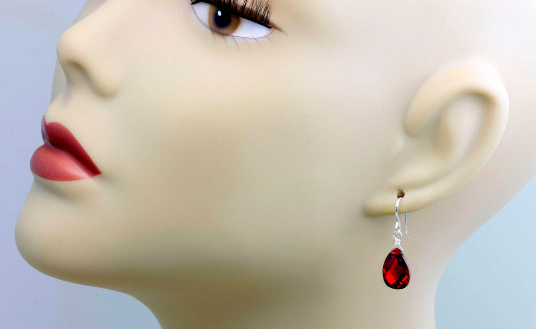 Garnet Red Cubic Zirconia Earrings Teardrop AAA CZ Briolette Sterling Silver or 14k Solid Gold or Filled Pear Faceted Simple Dainty Drops