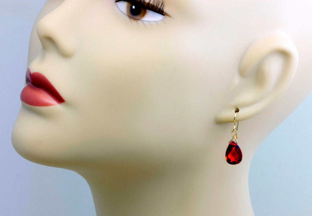 Garnet Red Cubic Zirconia Earrings Teardrop AAA CZ Briolette Sterling Silver or 14k Solid Gold or Filled Pear Faceted Simple Dainty Drops