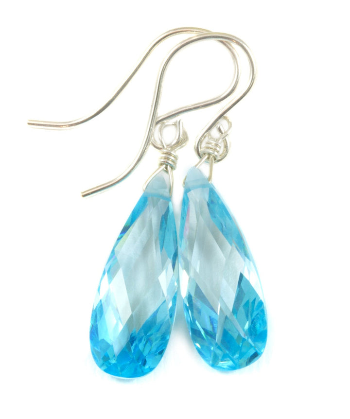 Aquamarine Cubic Zirconia Earrings Faceted Aqua Blue Long AAA CZ  Sterling Silver or 14k Solid Gold or Filled Dainty Teardrops Simple Drops