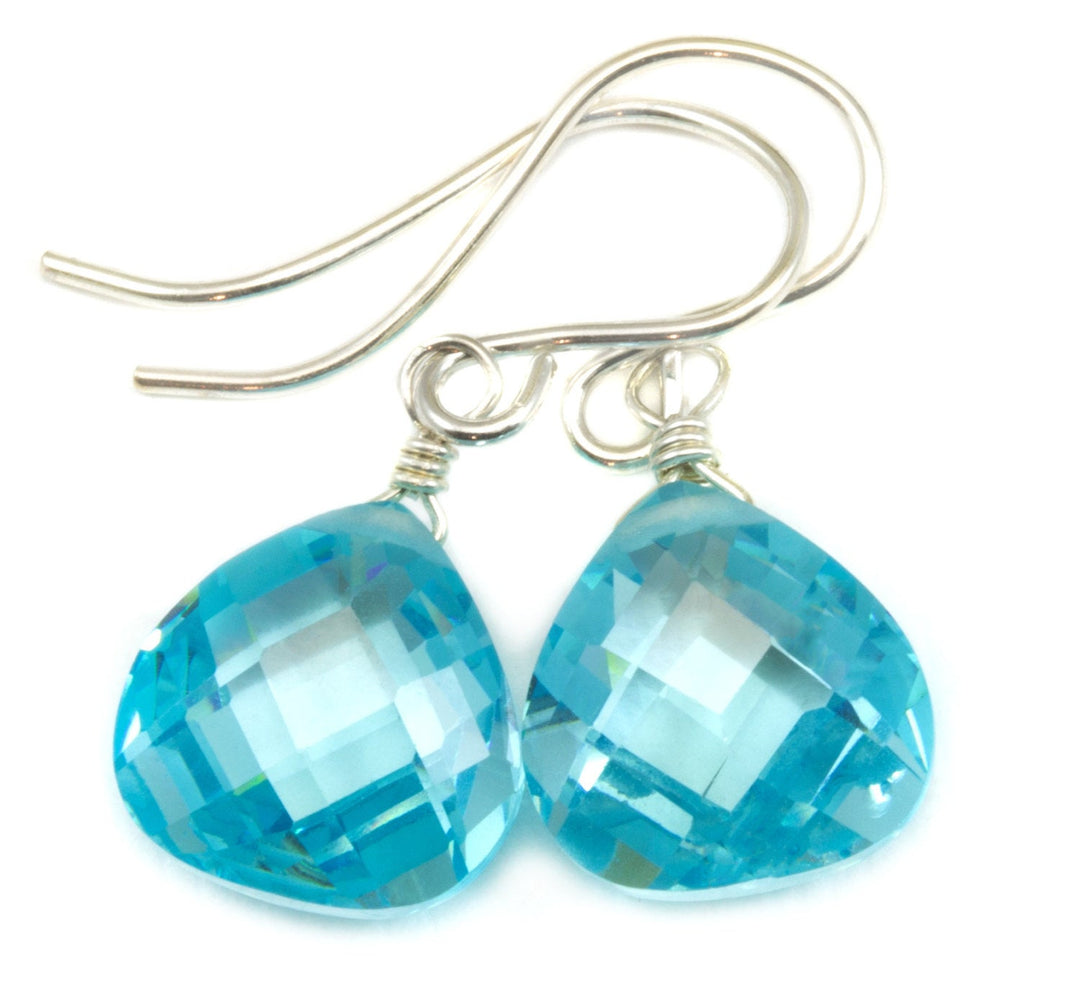 Aquamarine Cubic Zirconia Earrings Heart Aqua Blue AAA CZ  14k Solid Gold or Filled or Sterling Silver Dainty Faceted Rich Soft Blue Drops
