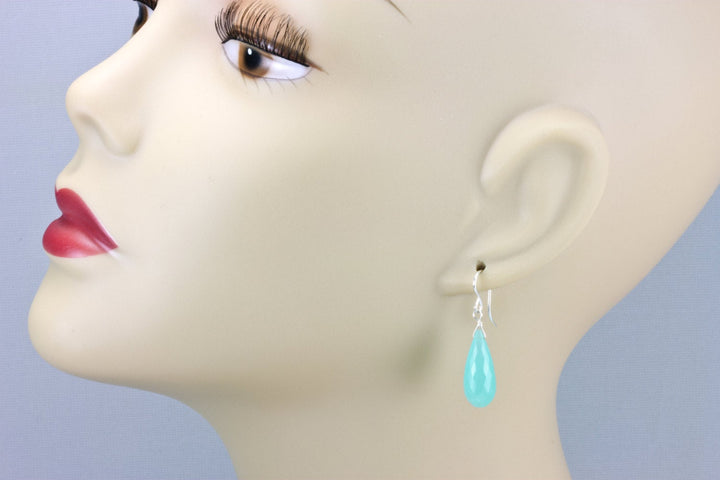 Aqua Blue Chalcedony Earrings 14k Solid Gold or Filled or Sterling Silver Long Teardrop Micro Facet Natural Briolettes Rounded Simple Drops