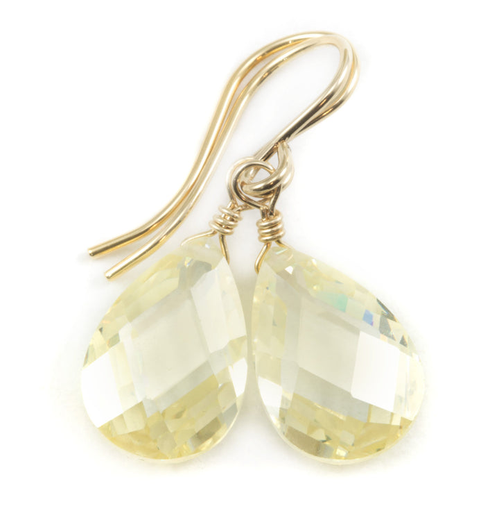 Pale Yellow Champagne Cubic Zirconia Sim Diamond Earrings CZ AAA  Sterling Silver or 14k Solid Gold or Filled Facet Pear simple dainty drops