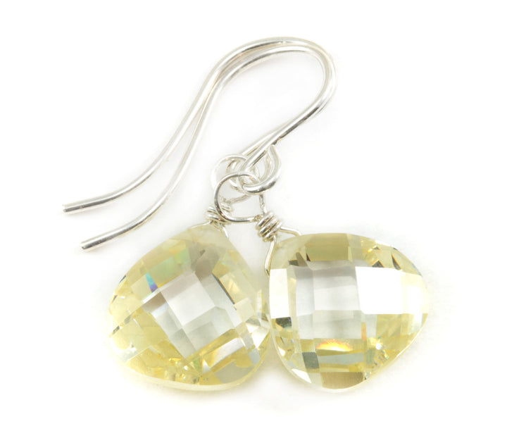 Pale Yellow Sim Diamond Champagne Cubic Zirconia Earrings CZ AAA Sterling Silver or 14k Solid Gold or Filled Heart Small Simple Dangle Drops