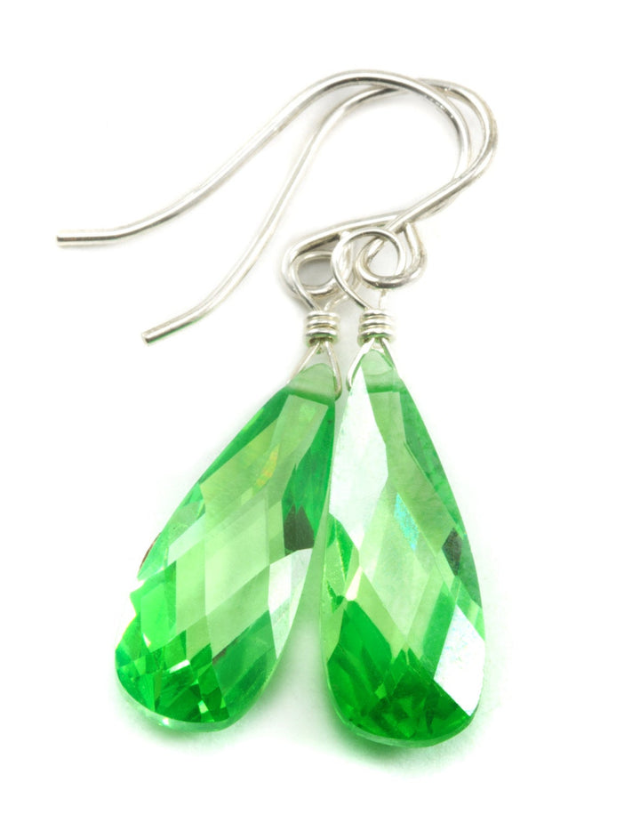 Peridot Green Cubic Zirconia Earrings Long Teardrop AAA CZ  Sterling Silver or 14k Solid Gold or Filled Faceted Cut Drops Simple Lightweight