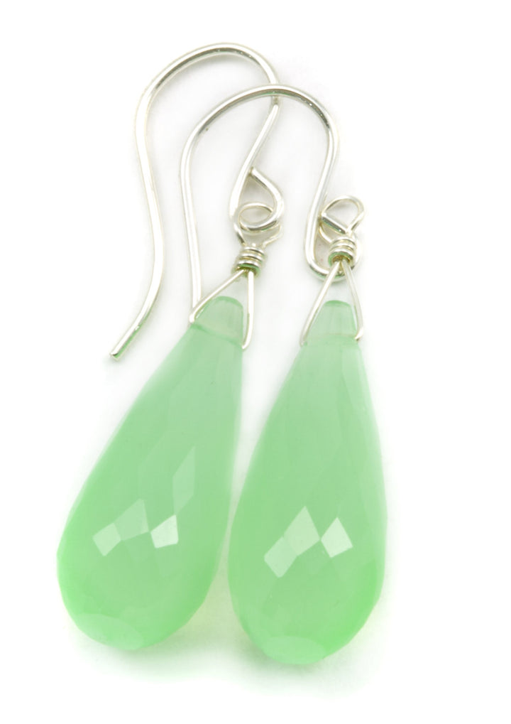 Pale Green Chalcedony Earrings Long AAA Teardrop Faceted  14k Solid Gold or Filled or Sterling Silver Soft Green Briolettes Micro Facets