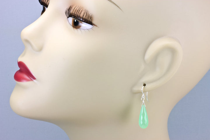 Pale Green Chalcedony Earrings Long AAA Teardrop Faceted  14k Solid Gold or Filled or Sterling Silver Soft Green Briolettes Micro Facets
