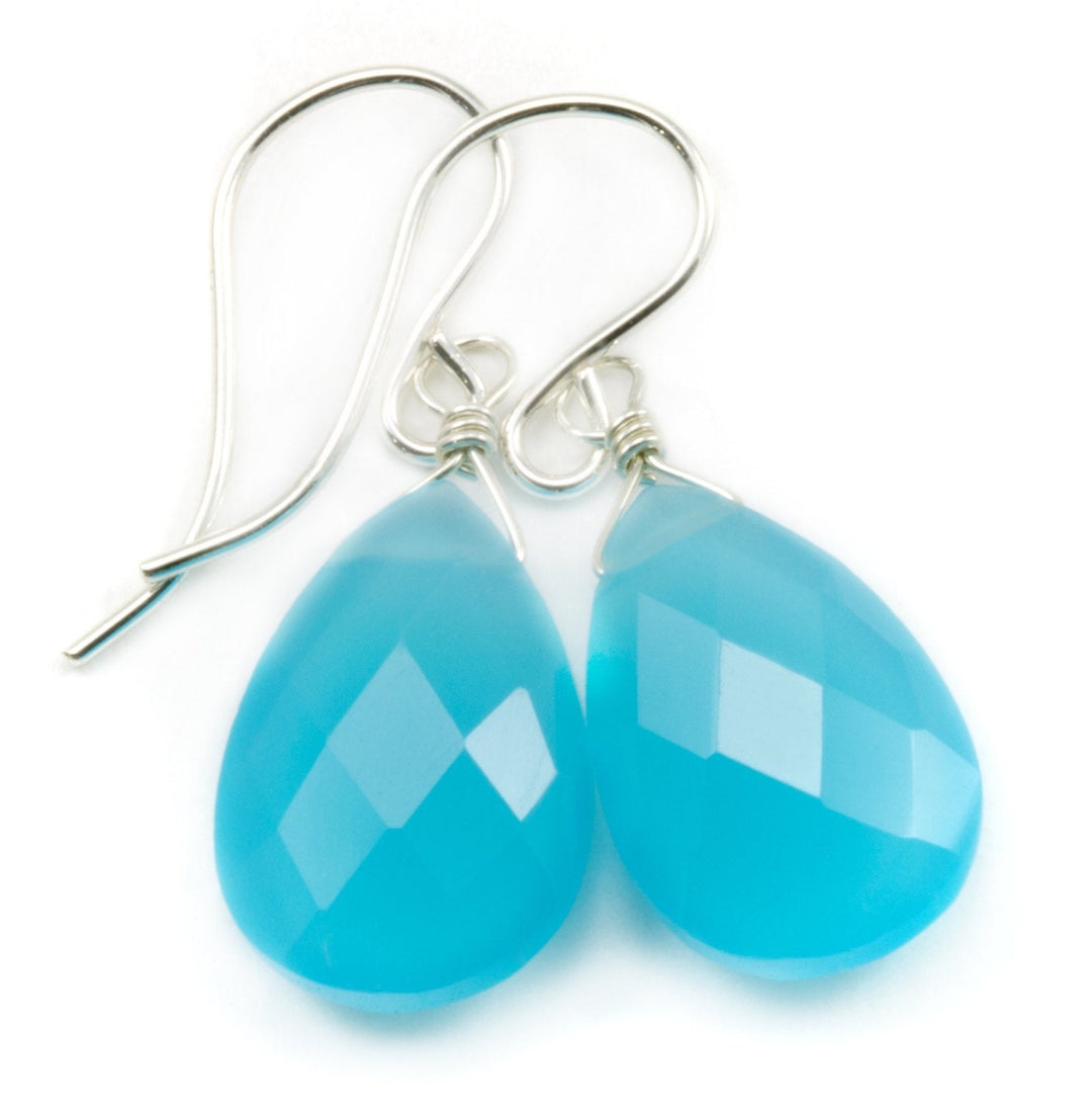 Blue Chalcedony Earrings Teardrop Pear Faceted 14k Solid Gold or Filled or Sterling Silver Rich Sky Blue Simple Dainty Drops Spyglass Design