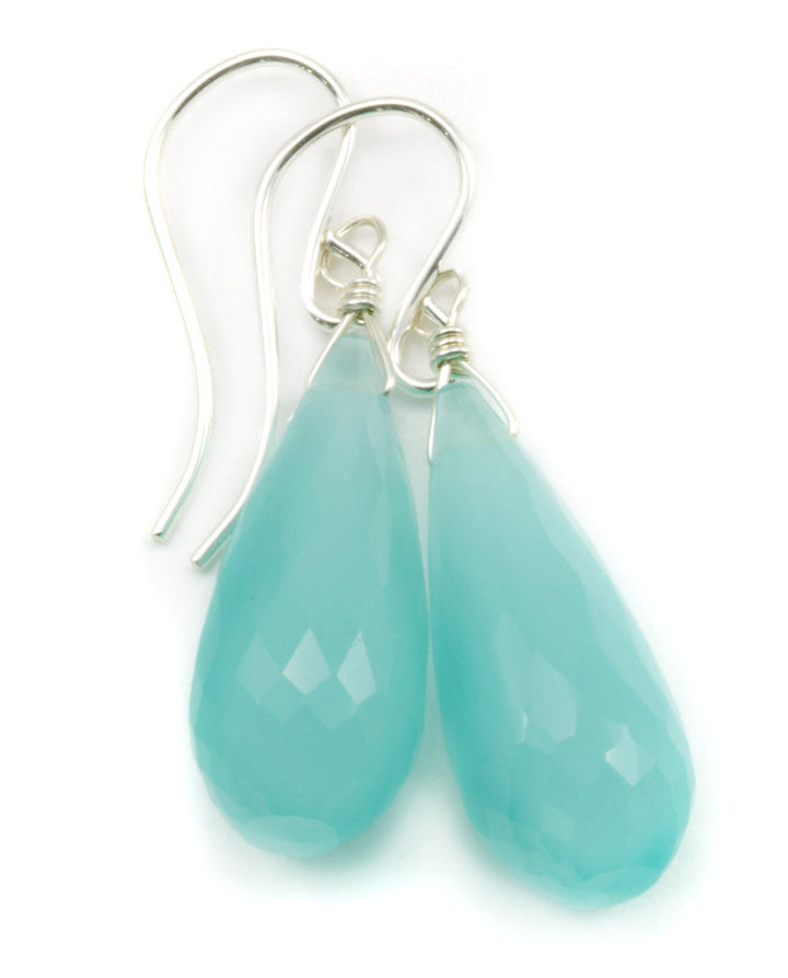 Aqua Blue Chalcedony Earrings 14k Solid Gold or Filled or Sterling Silver Long Teardrop Micro Facet Natural Briolettes Rounded Simple Drops
