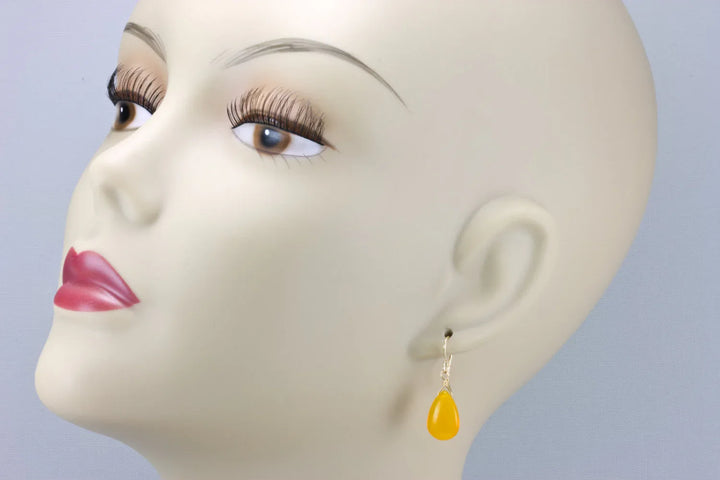 Honey Earrings Amber Yellow Smooth Quartz pear Teardrops Sterling Silver or 14k Solid Gold or Filled Unique Color Simple Daily Drops Classic - Spyglass Designs