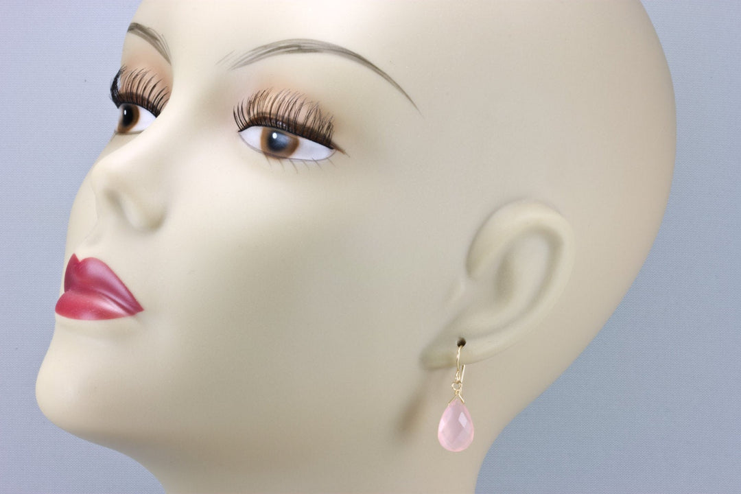 Pink Chalcedony Earrings Sterling Silver or 14k Solid Gold or Filled Faceted Teardrop Faceted Pear Briolette Pale Light Soft Natural Classic