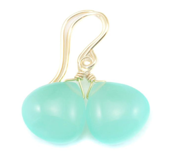 Aqua Blue Chalcedony Earrings Smooth Heart 14k Solid Gold or Filled or Sterling Silver Simple Soft Pale Color Teardrops Everyday Daily Drops - Spyglass Designs