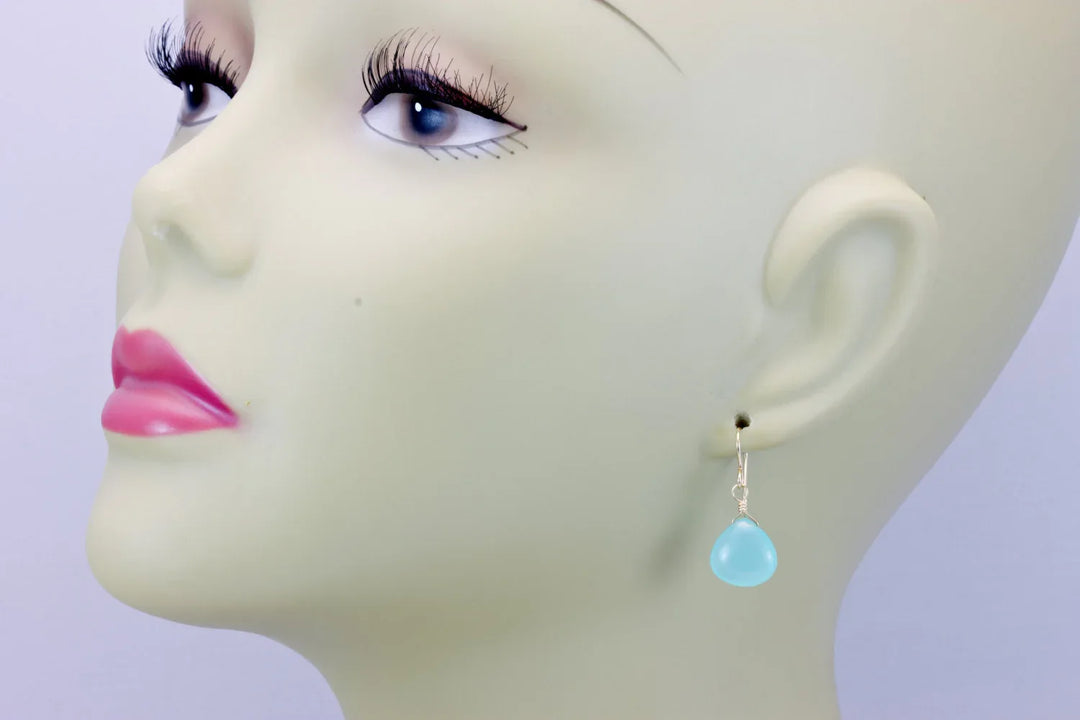 Aqua Blue Chalcedony Earrings Smooth Heart 14k Solid Gold or Filled or Sterling Silver Simple Soft Pale Color Teardrops Everyday Daily Drops - Spyglass Designs