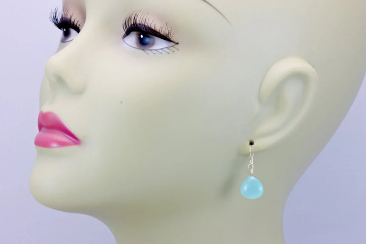 Aqua Blue Chalcedony Earrings Smooth Heart 14k Solid Gold or Filled or Sterling Silver Simple Soft Pale Color Teardrops Everyday Daily Drops - Spyglass Designs