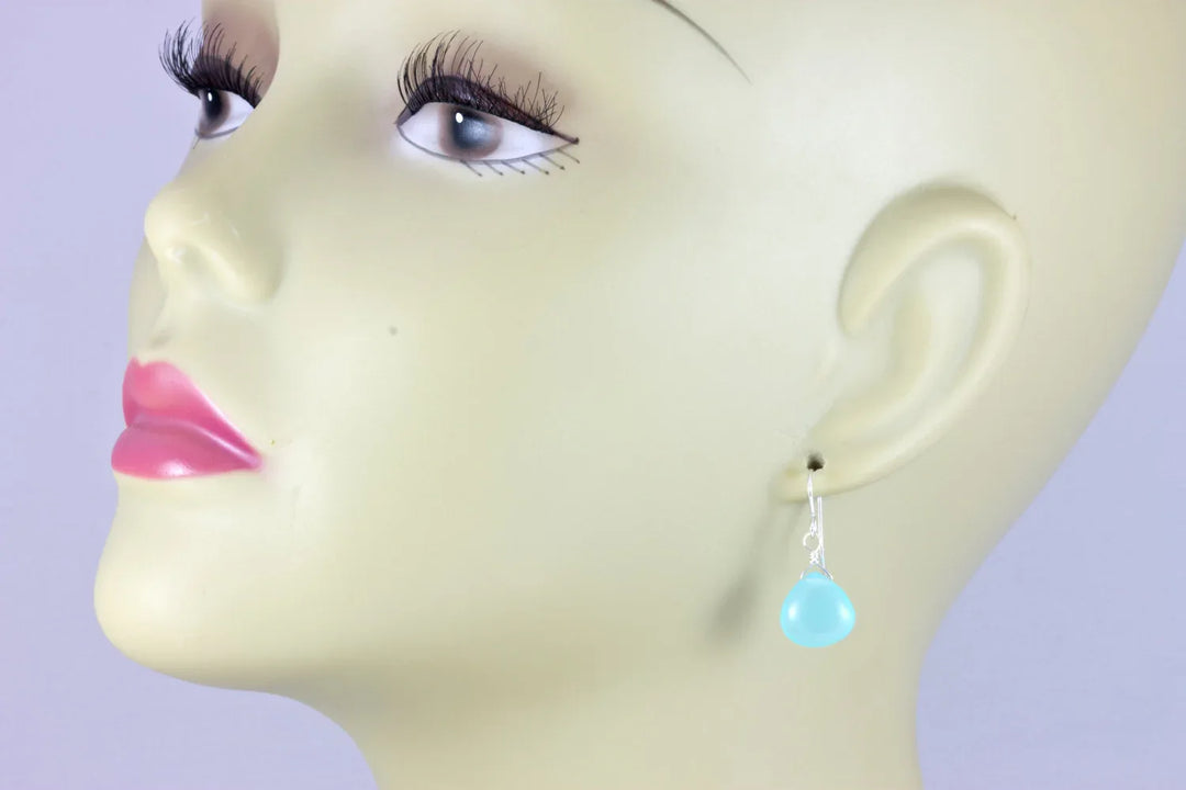 Aqua Blue Chalcedony Earrings Smooth Heart 14k Solid Gold or Filled or Sterling Silver Simple Soft Pale Color Teardrops Everyday Daily Drops - Spyglass Designs