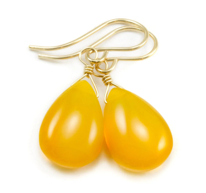 Honey Earrings Amber Yellow Smooth Quartz pear Teardrops Sterling Silver or 14k Solid Gold or Filled Unique Color Simple Daily Drops Classic - Spyglass Designs