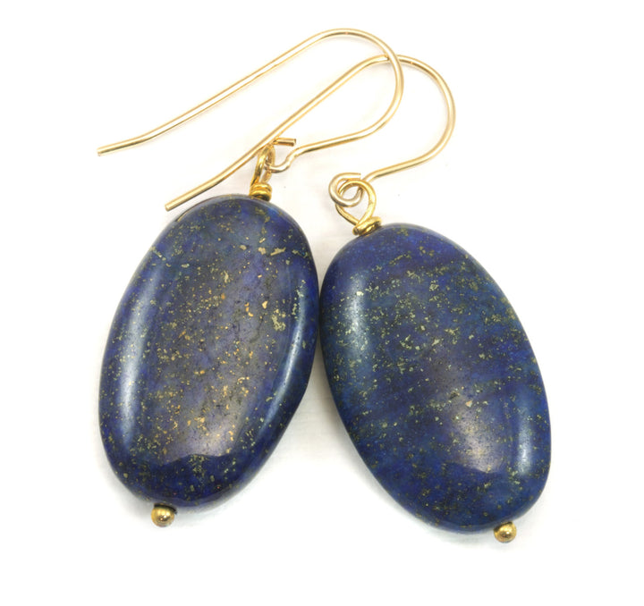 Blue Lapis Lazuli Earrings Natural Large Long Oval Smooth Sterling Silver or 14k Solid Gold or Filled Natural Pyrite Flecks Puffed Drops
