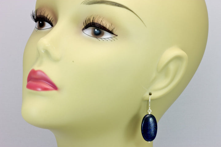 Blue Lapis Lazuli Earrings Natural Large Long Oval Smooth Sterling Silver or 14k Solid Gold or Filled Natural Pyrite Flecks Puffed Drops