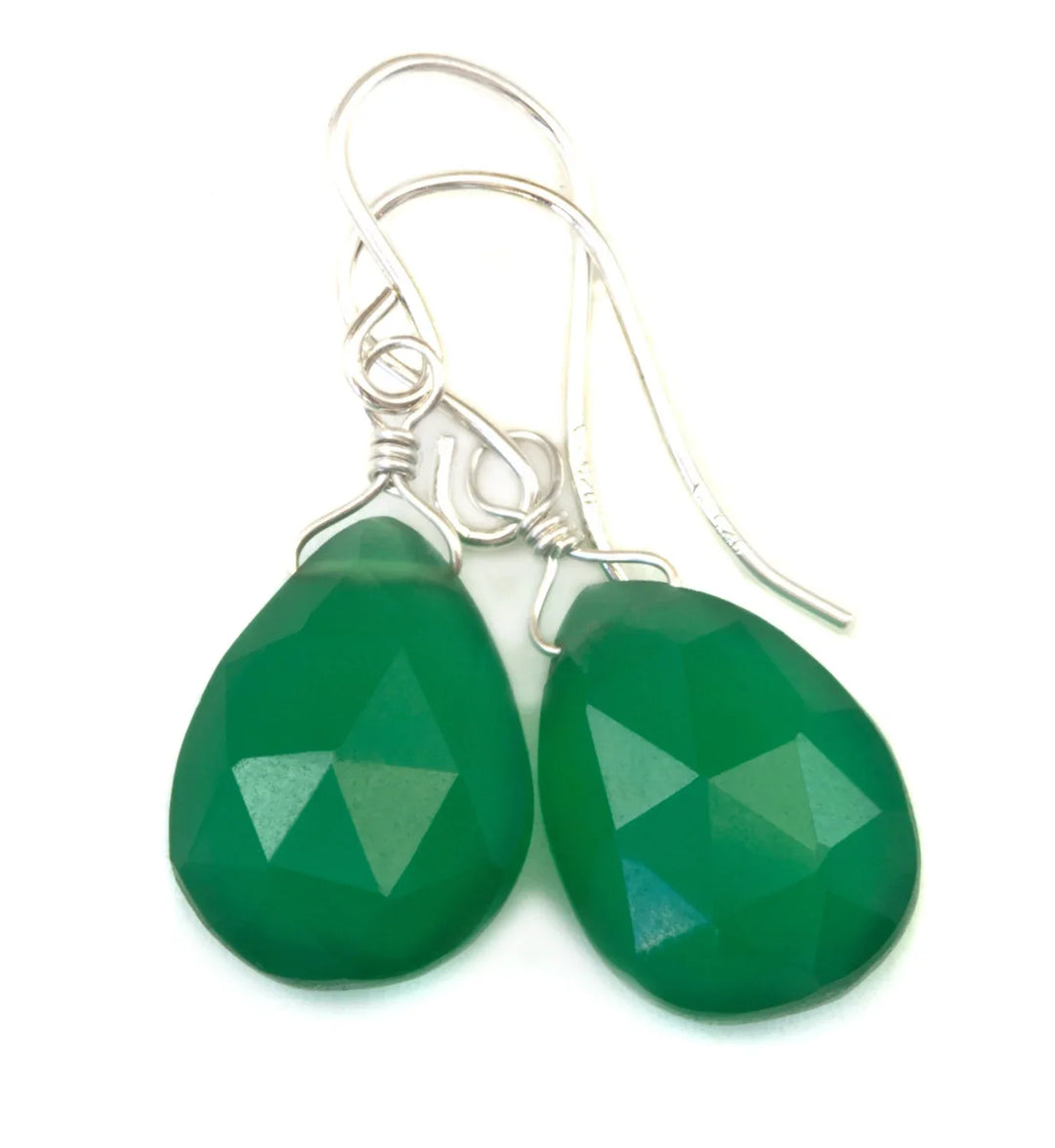 Green Onyx Earrings Faceted Drop Dangle Teardrop Sterling Silver or 14k Solid Gold or Filled Pear Shape Emerald Green Color Simple Classic - Spyglass Designs