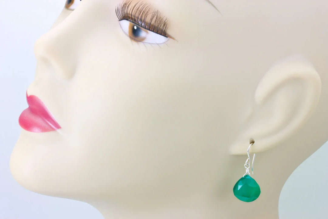 Green Onyx Earrings Faceted Drop Dangle 14k Solid Yellow gold or filled or sterling silver Rich Emerald in Color Heart Shaped Simple Daily - Spyglass Designs
