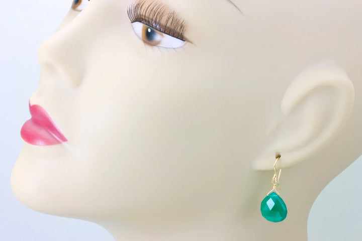 Green Onyx Earrings Faceted Drop Dangle 14k Solid Yellow gold or filled or sterling silver Rich Emerald in Color Heart Shaped Simple Daily - Spyglass Designs
