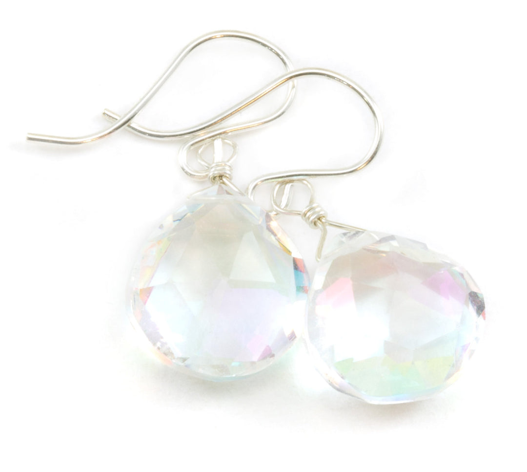 Mystic Clear Rainbow Quartz Earrings Heart Teardrop Faceted 14k Solid Gold or Filled or Sterling Silver iridescent daily wear simple drops