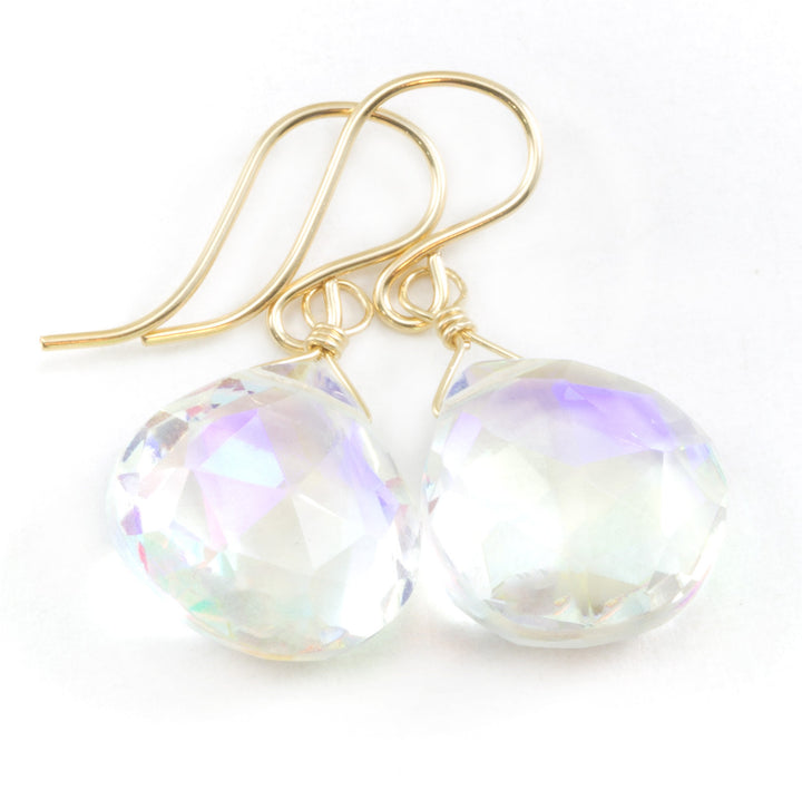 Mystic Clear Rainbow Quartz Earrings Heart Teardrop Faceted 14k Solid Gold or Filled or Sterling Silver iridescent daily wear simple drops