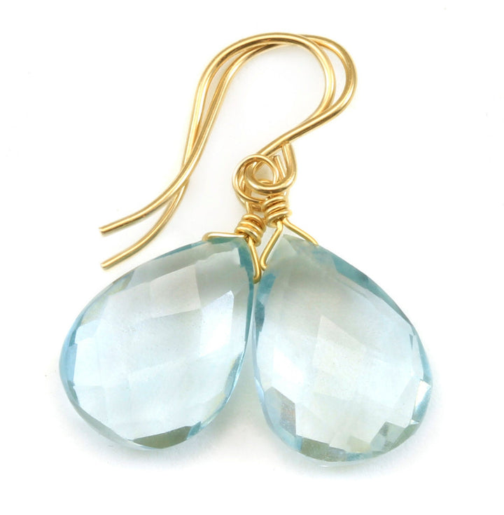Aquamarine Earrings faceted Simulated Aqua Pear Dangle Drop Teardrop Sterling Silver or 14k Solid Gold or Filled Soft Aqua Blue Simple Daily