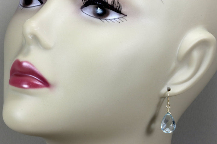 Aquamarine Earrings faceted Simulated Aqua Pear Dangle Drop Teardrop Sterling Silver or 14k Solid Gold or Filled Soft Aqua Blue Simple Daily